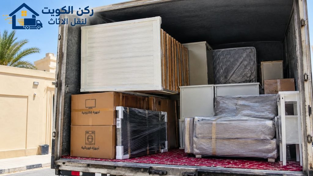نقل الأثاث في الكويت وتجهيز العفش داخل شاحنة نقل الأثاث مع التغليف والحماية